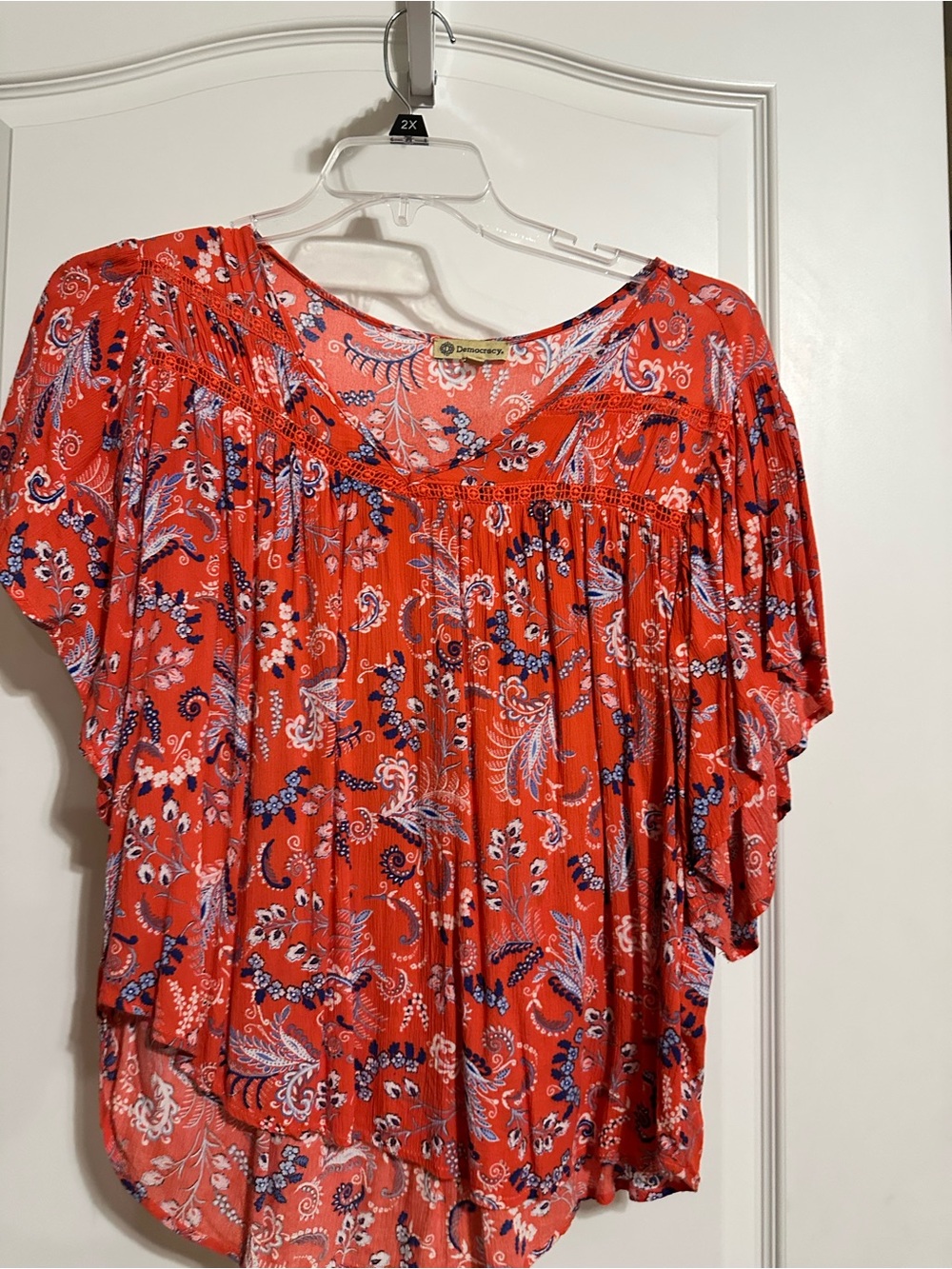 Democracy Coral Paisley Flutter Sleeve Blouse with Navy Accents